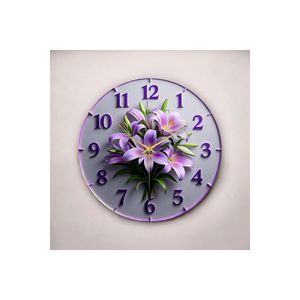 Purple Floral Embossed <b>50cm</b> Silent Wooden <b>Wall</b> <b>Clock</b> Patterned Gift with Colorful Print - Product Image 3
