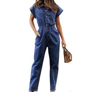 Mono Casual de Mezclilla para Mujer, con Botones, Mangas Cortas, Tejido Transpirable para Primavera, Verano e Invierno, Pantalones Largos - Product Image 3