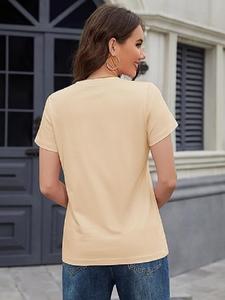 Camiseta promocional de mujer de talla grande con cuello redondo de manga corta de color albaricoque claro sólido de 100% algodón con diseño OEM hecho a medida de BD - Product Image 2