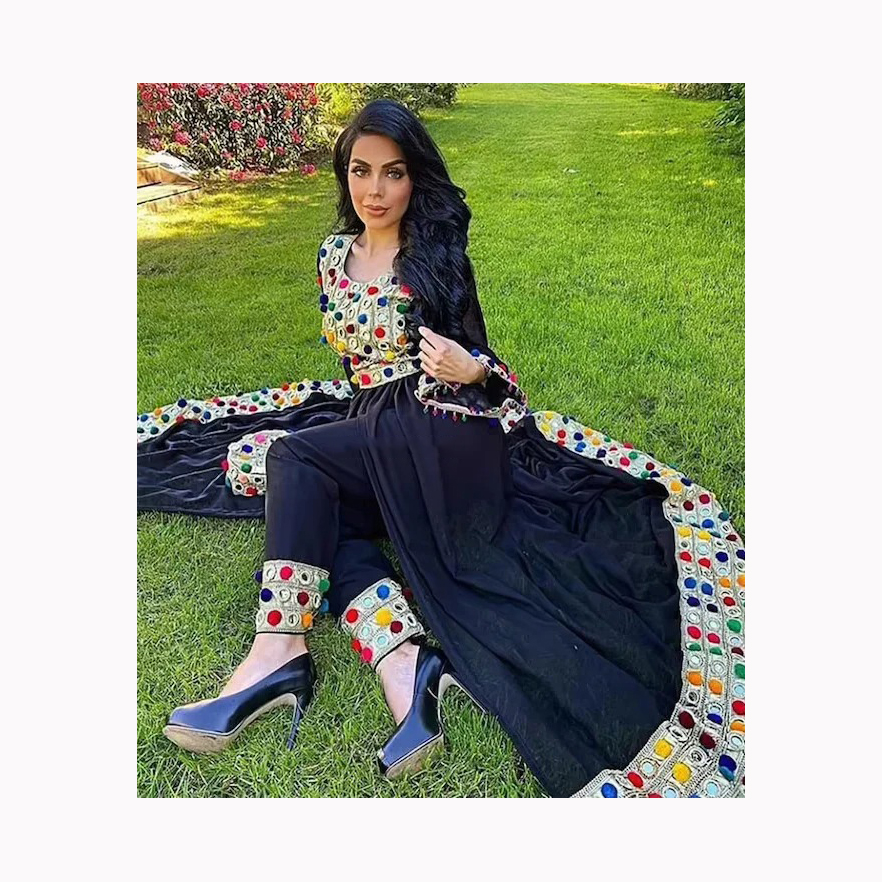Shop High Quality Black Afghan Pakhtoon Dress with Mirror Work for Weddings
