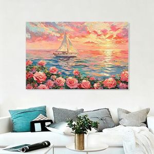 Impasto Sailboat Sunset - Impresión de arte de pared en lienzo con paisaje marino de rosas rosas, estilo pintura al óleo, para decoración del hogar, sala de estar y dormitorio - Product Image 3