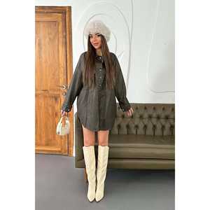 Veste utilitaire en cuir kaki en gros avec fermeture à boutons-pression et poches - Product Image 6