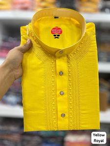 Exclusive Designer Wedding Festive Wear Pure Cotton Embroidery Work <b>Mens</b> Kurta With Plain White <b>Pajama</b> at <b>Cheap</b> Rate India - Product Image 5