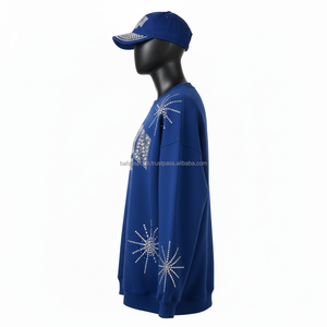 Sudadera Extra Grande para Mujer, Mezcla de Algodón y Felpa, Azul, con Pedrería, Diseño Brillante con Logotipo Personalizado Termoadhesivo, Sudadera Transpirable para Mujer - Product Image 3