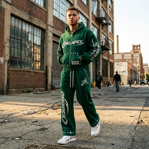 Conjunto de Sudadera con Capucha y Pantalones Deportivos con Gráficos de Diamantes de Imitación Verdes, Estilo Urbano, Dos Piezas, Venta al Por Mayor - Product Image 6