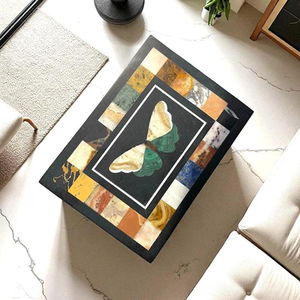 Black Marble Coffee Table with Floral Marquetry Handmade Gemstone Inlay Design <b>Top</b> for Living Room Decors - Product Image 1