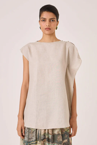 Tunique minimaliste Blouse asymétrique lin haut broderie gland décontracté Simple Vintage Style 100% lin bouton noël ODM - Product Image 2