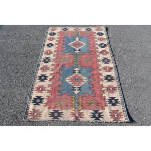 Alfombra Kilim turca Vintage, rojo, azul, 3,9x5,9 pies, diseño de retazos de estilo clásico, látex de lana para sala de estar, pasillo, rompecabezas de PP - Product Image 1