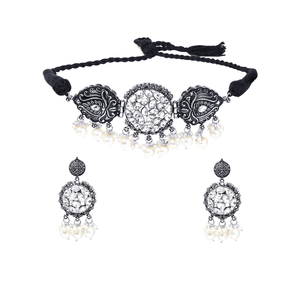 Oxidised Kundan <b>Necklace</b> Gold Plated Copper Rhodium Fine Bridal Wedding Jewelry Set Featuring <b>Ruby</b> Pearl Diamond Main Stones - Product Image 6