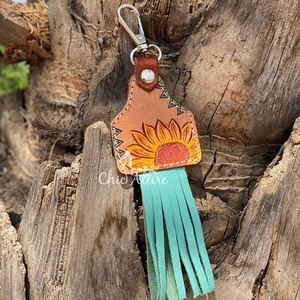 Porte-clés Western en cuir taillé à la main Turquoise Fringe Porte-clés en cuir véritable de haute qualité Porte-clés tournesol Cowgirl Porte-clés - Product Image 1