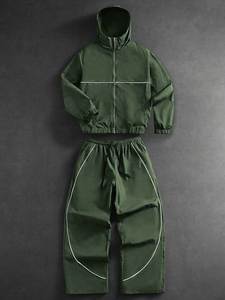 Men's Gray Full Zip Breathable Vintage Solid Tracksuit <b>Set</b> <b>Knitted</b> Polyester Casual Jogger Pants Hooded Collar Jacket Autumn - Product Image 5