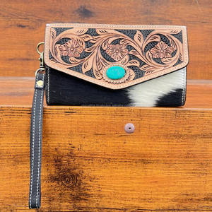 กระเป๋าคลัทช์หนังวัวแบบถือพร้อมลายดอกไม้สไตล์ใหม่สำหรับผู้หญิงกระเป๋าคลัทช์หนังวัวพร้อมสำเนียงเทอร์ควอยซ์สไตล์ตะวันตก - Product Image 4