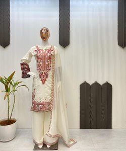 DESIGNER CHINON SOIE BRODERIE SÉQUENCE TRAVAIL TOP PALAZZO AVEC DUPATTA MARIAGE VÊTEMENTS PRIX DE GROS VÊTEMENT ETHNIQUE BLANC - Product Image 6