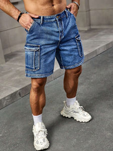 High Quality Mid Denim <b>shorts</b> for <b>men</b> Solid Color Cargo <b>Pocket</b> Breathable Straight-leg Design Casual Summer Style Dark Wash - Product Image 6