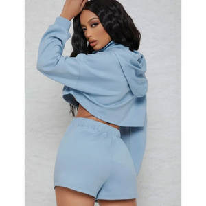 Women's Custom Logo 2-Piece Sportswear Set New Design <b>High</b> Waist Crop Top Shorts Pullover Hoodie Solid Streetwear Full Sleeves - Product Image 2