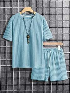 Men's 2-Piece Summer Outfit Solid Pattern Short Sleeve Crewneck <b>T</b>-Shirt and Eco-Friendly Drawstring Casual <b>Track</b> Shorts Set - Product Image 4