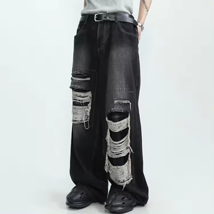 Baggy Washed Breathable Men's Fashion Denim <b>Jeans</b>, High Quality Washed Straight Baggy <b>Jeans</b>, Vintage Style Denim Ripped <b>Jeans</b> - Product Image 3