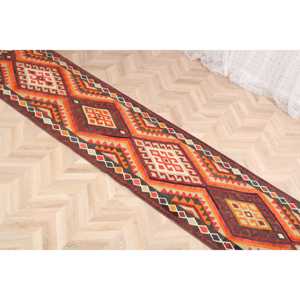 Turkish Kilim <b>Runner</b> Rug 2.7x13 ft (81x395 cm), Vintage <b>Red</b> Ombr Wool Rug - Product Image 3