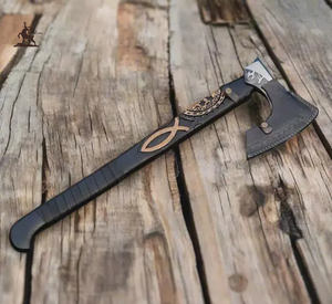 Hache de Viking forgée à la main en acier au carbone avec manche en bois de frêne et gaine en cuir de qualité industrielle - Product Image 3