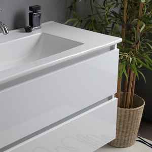 Meuble de salle de bain mural blanc brillant de 90 cm avec 2 tiroirs, miroir et lampe Baltimora, ensemble élégant - Product Image 4