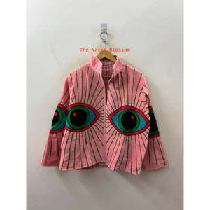 Jungle Women's <b>Corduroy</b> <b>Jacket</b> Stand Collar Full Sleeve Hand Embroidered Evil Eye Pattern Autumn Wear - Product Image 2
