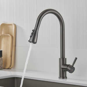 Grifo de Cocina Moderno Fontastock de un Solo Nivel, de Acero Inoxidable y Cerámica, en Forma de C, Contemporáneo, Montado en la Pared, Giratorio, Color Gris - Product Image 3