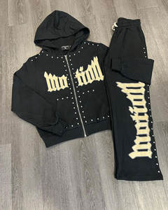 OEM Men's Winter Fashion Acid Wash Print Zip-Up Embroidered Breathable 100% Cotton Fleece Hoodie Sweatpants Set Distressed Patch - Product Image 4