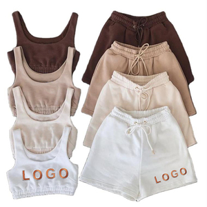 2025 confortable coton Joggers entraînement femmes de haute qualité Logo personnalisé haut court et pantalon court ensemble motif solide - Product Image 1