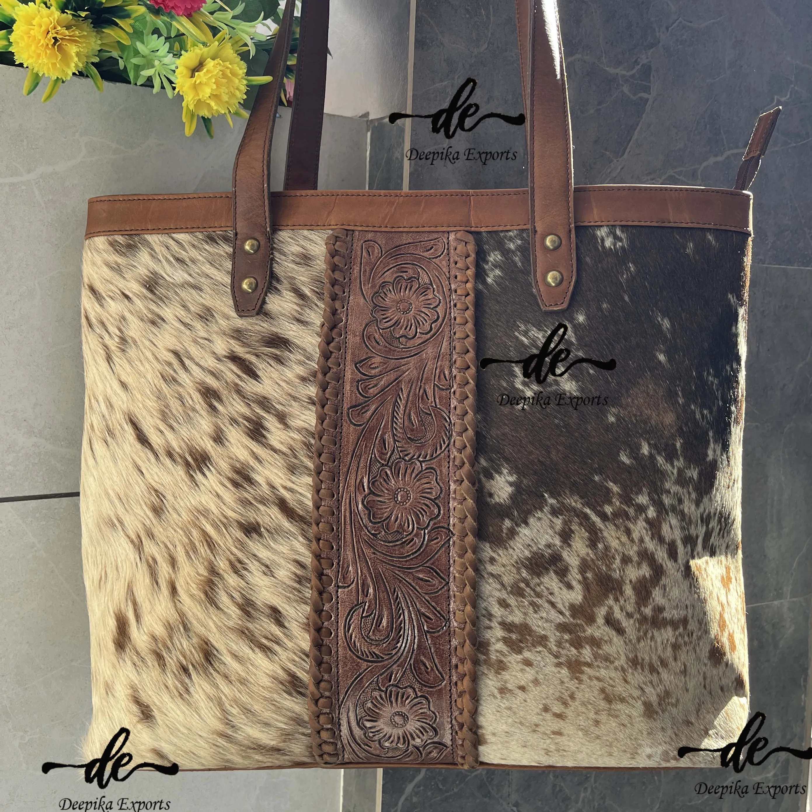 Hand Tooled Carving Handbag Tote Bag Real Cowhide Fur Bag Big Size Bags Great Collection Of Ladies Purse