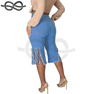Pantalones cortos de mezclilla rasgados para mujer Cintura alta Elástico Deshilachado Crudo Dobladillo Borlas Bermudas de mezclilla Moda de verano - Product Image 3