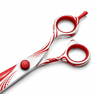 Ciseaux de coiffure professionnels, lame en acier inoxydable, design rouge et blanc, pour droitiers, usage en salon, poignée moyenne pliable - Product Image 2