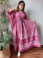 Robe Kaftan sur mesure artisanale en dentelle léopard tie-dye écologique avec boutons - Denim doux contrastant et cordon de serrage vintage