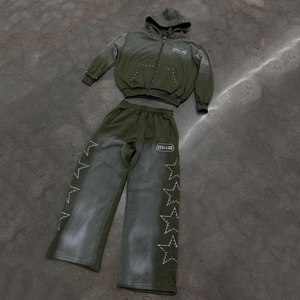 Wholesale Men's Winter Thermal Streetwear 100% Cotton Fleece Two-Piece Acid Wash Digital Printing Flare Sweatpants 370g Zip-<b>Up</b> - Product Image 4