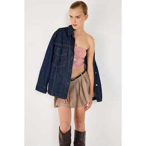 Casual <b>Pink</b> Shimmer Fabric Strapless <b>Crop</b> <b>Top</b> with Front Logo Short Length - Product Image 4