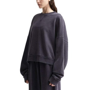 Sweat-shirts d'hiver 100% coton à col rond côtelé, ourlet court, épaules tombantes, poignets à col rond, couleur unie, imprimé délavé - Product Image 2