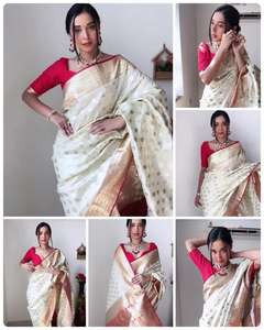 High Quality Heavy Jacquard Silk White color <b>saree</b> with Red jari Border Sarees with <b>Golden</b> Big Jacquard Weaving Border - Product Image 3