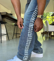 En gros Jean à taille haute pour homme, élégant, extensible, à carreaux, décontracté, coupe évasée, effet vieilli, orné de perles, à fentes, style vintage