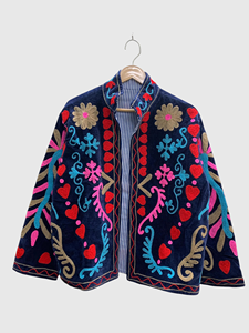 Veste à col mandarin brodée à la main avec motif géométrique, manches longues, style velours, design blouson pour adulte, idéale pour l'automne - Product Image 1
