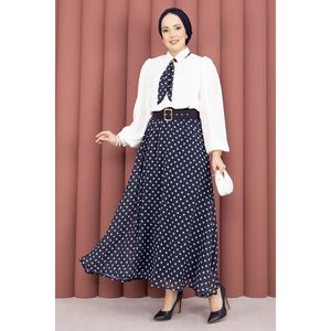 Conjunto de Verano para Mujer en Azul Marino, Talla XS, Falda con Cinturón y Estampado Floral de Lunares, Top Corto y Pañuelo, Corte Holgado - Product Image 1