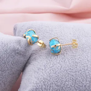 Small perfect pair mohave sky blue copper turquoise prong setting stud brass gold plated double terminated points studs for her
