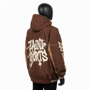 Veste coupe-vent pour homme en polyester premium 130 GSM, couleur marron, panneaux contrastés avec impression sérigraphique, style coupe-vent pour homme - Product Image 3