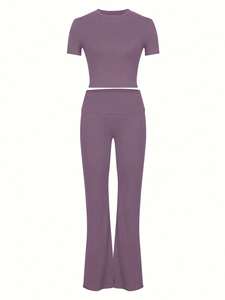 ชุดโยคะพิมพ์ลายฤดูใบไม้ผลิ-ฤดูหนาว แห้งเร็ว 2 ชิ้น เสื้อแขนสั้นสำหรับออกกำลังกาย เสื้อคลุมสำหรับวิ่งกลางแจ้ง รุ่น CDX8455 สำหรับผู้หญิง - Product Image 3