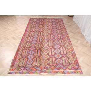 Vintage Turkish Kilim Rug 5.7x11 ft (175x336 cm), <b>Red</b> Floral <b>Wool</b> Rug - Product Image 2