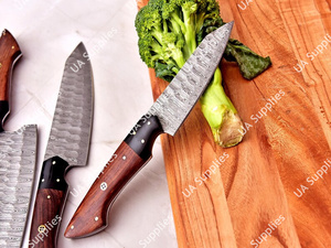 Juego de Cuchillos de Cocina Ambidiestros de Acero de Damasco Forjado a Mano, 5 Piezas, de Alta Calidad, con Mango Ergonómico de Madera de Palisandro Natural y Bolsa de Cuero - Product Image 3