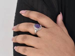 Anillo de amatista de cabujón clásico, joyería de piedras preciosas hechas a mano de Plata de Ley 925, anillo de plata de moda estampado de plata 925 - Product Image 4