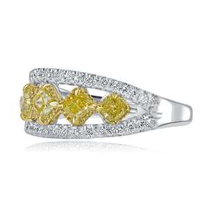 1.23Ct Alianza de boda de cojín amarillo intenso natural, anillo de bodas de diamante de 5 piedras Oro blanco de 14K, anillo de aniversario, anillo de regalo - Product Image 5