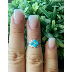 Navajo-Made Turquoise & Sterling <b>Silver</b> Inlay <b>Statement</b> <b>Ring</b> Size 5 for Everyday Wear HipHop Boho Dainty Style Fine Jewelry - Product Image 2