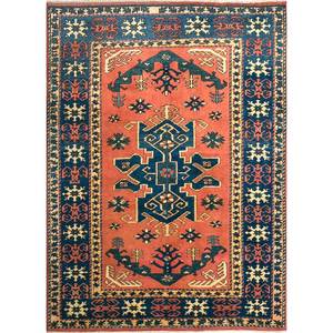 Tapis en laine noués à la main Nuray, motif abstrait rectangulaire 9x12 pour couloir, salon et chambre à coucher Pae-1194 en rouge et orange - Product Image 1