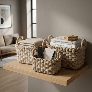 Natural Seagrass <b>Storage</b> <b>Basket</b> Set Chunky Braided Cord <b>Rectangular</b> Bin Arch Handle Tabletop Planter Pure Art Setup Room Decor - Product Image 6