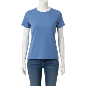 Tissé Anti-rides col rond t-shirts pour femmes coton mélangé doux respirant tissu décontracté tenue quotidienne dames hauts vêtements - Product Image 1